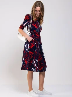 Ruched Sleeve Print Jersey Midi Dress, Navy Abstract