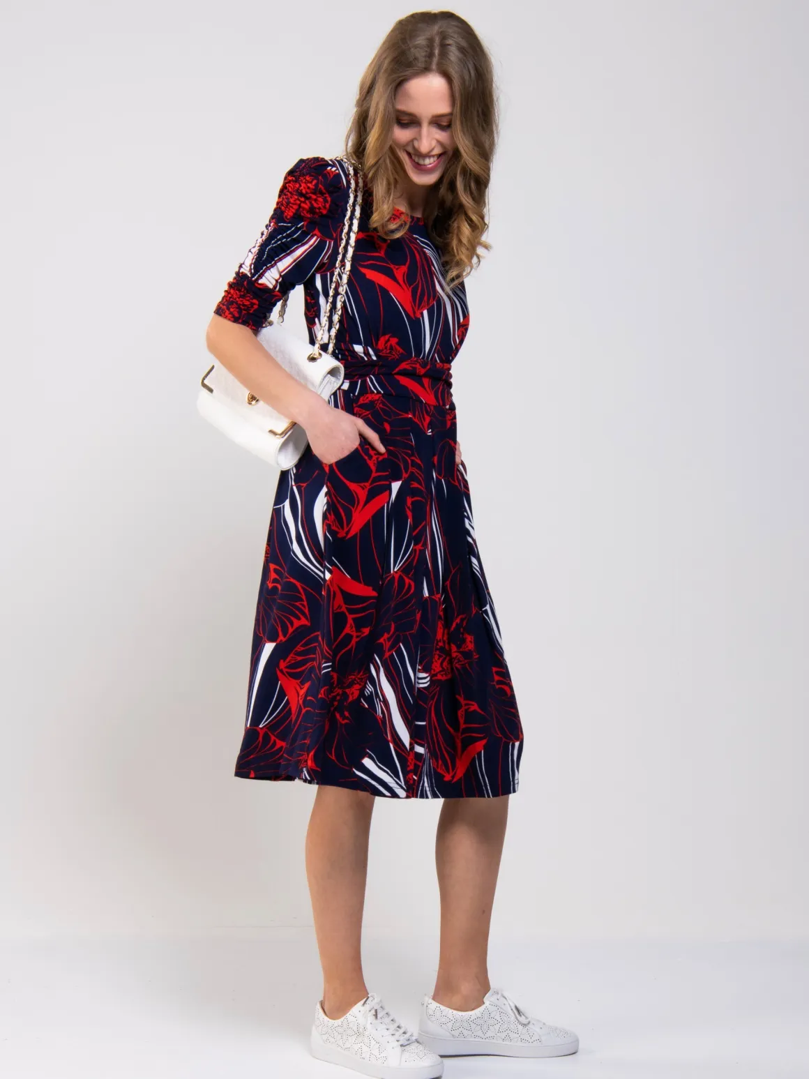 Ruched Sleeve Print Jersey Midi Dress, Navy Abstract