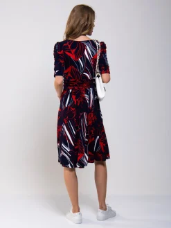 Ruched Sleeve Print Jersey Midi Dress, Navy Abstract