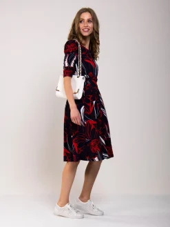 Ruched Sleeve Print Jersey Midi Dress, Navy Abstract