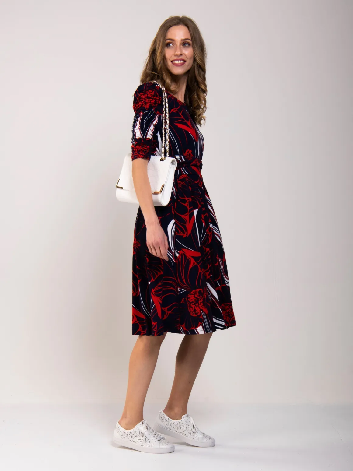 Ruched Sleeve Print Jersey Midi Dress, Navy Abstract