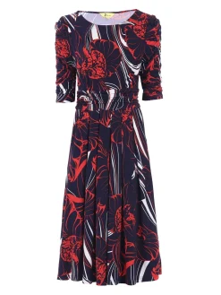 Ruched Sleeve Print Jersey Midi Dress, Navy Abstract