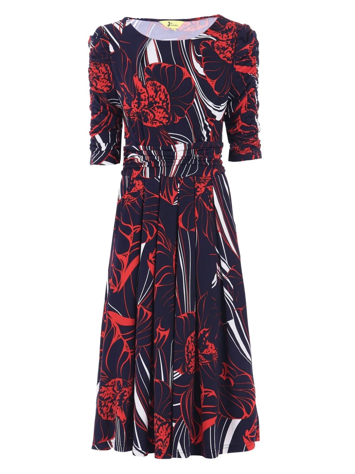 Ruched Sleeve Print Jersey Midi Dress, Navy Abstract