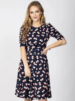 Ruched Sleeve Print Jersey Midi Dress, Navy Spot