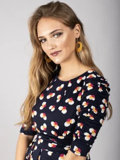 Ruched Sleeve Print Jersey Midi Dress, Navy Spot