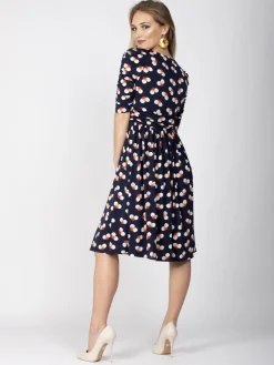 Ruched Sleeve Print Jersey Midi Dress, Navy Spot
