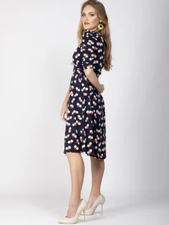 Ruched Sleeve Print Jersey Midi Dress, Navy Spot