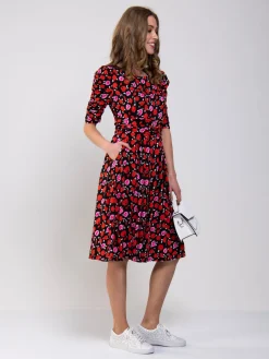 Ruched Sleeve Print Jersey Midi Dress, Red Floral