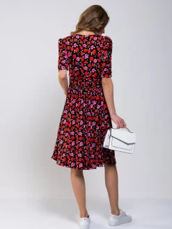 Ruched Sleeve Print Jersey Midi Dress, Red Floral