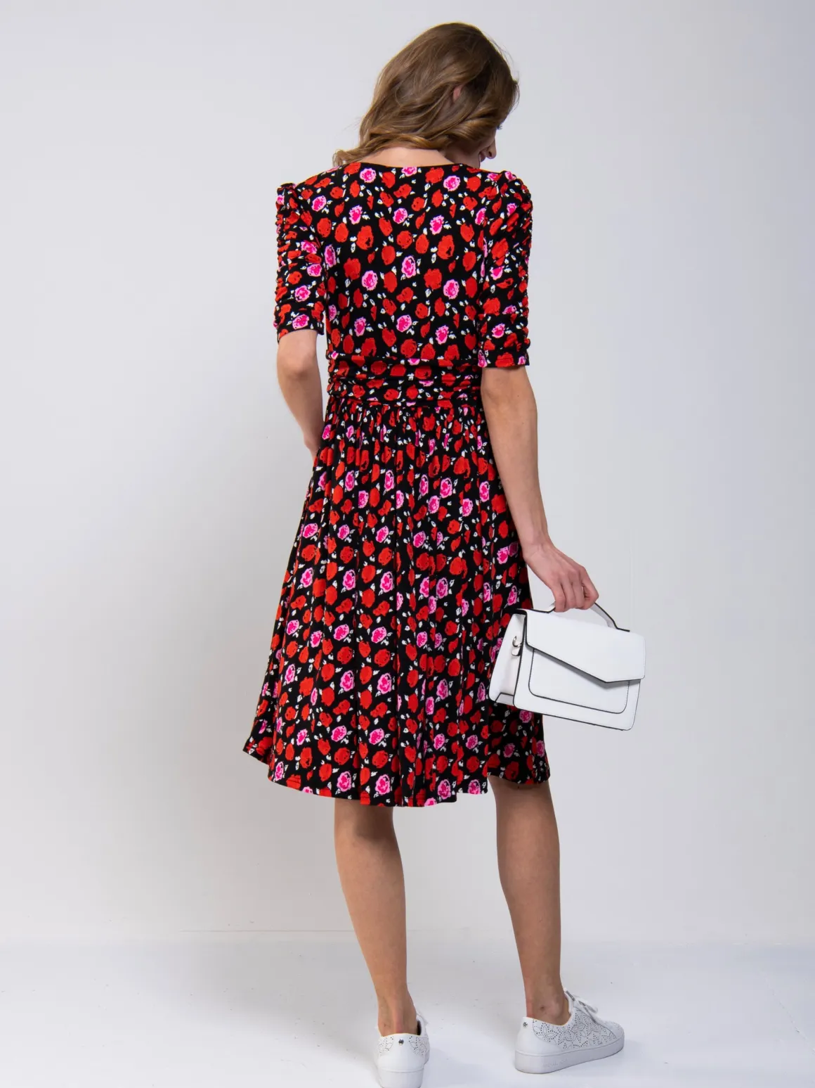 Ruched Sleeve Print Jersey Midi Dress, Red Floral