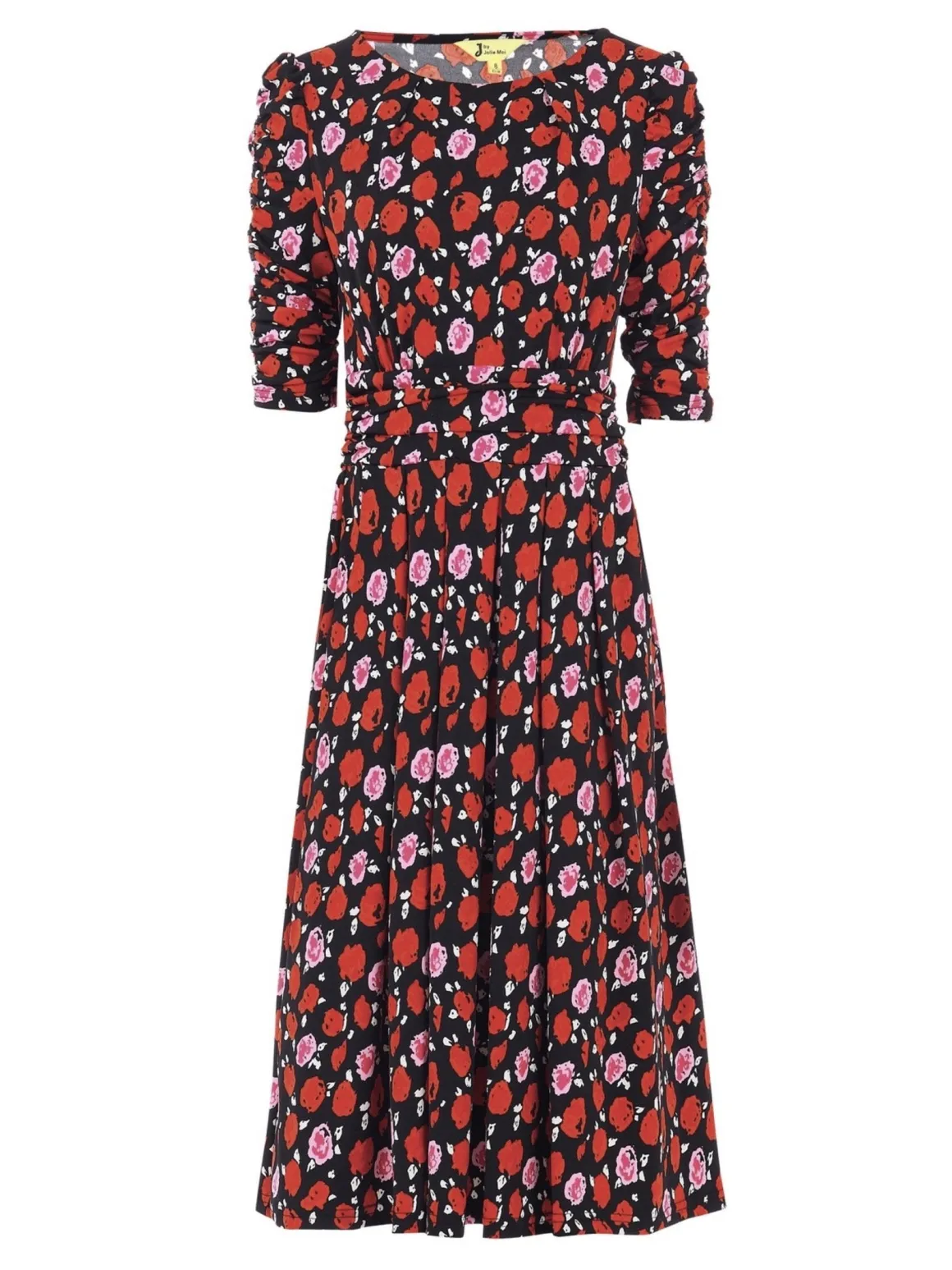 Ruched Sleeve Print Jersey Midi Dress, Red Floral
