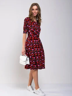 Ruched Sleeve Print Jersey Midi Dress, Red Floral