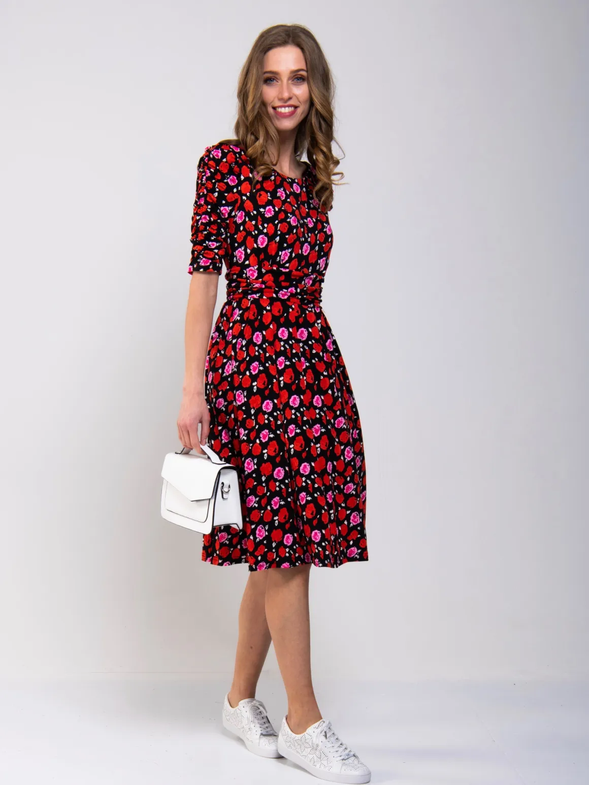 Ruched Sleeve Print Jersey Midi Dress, Red Floral
