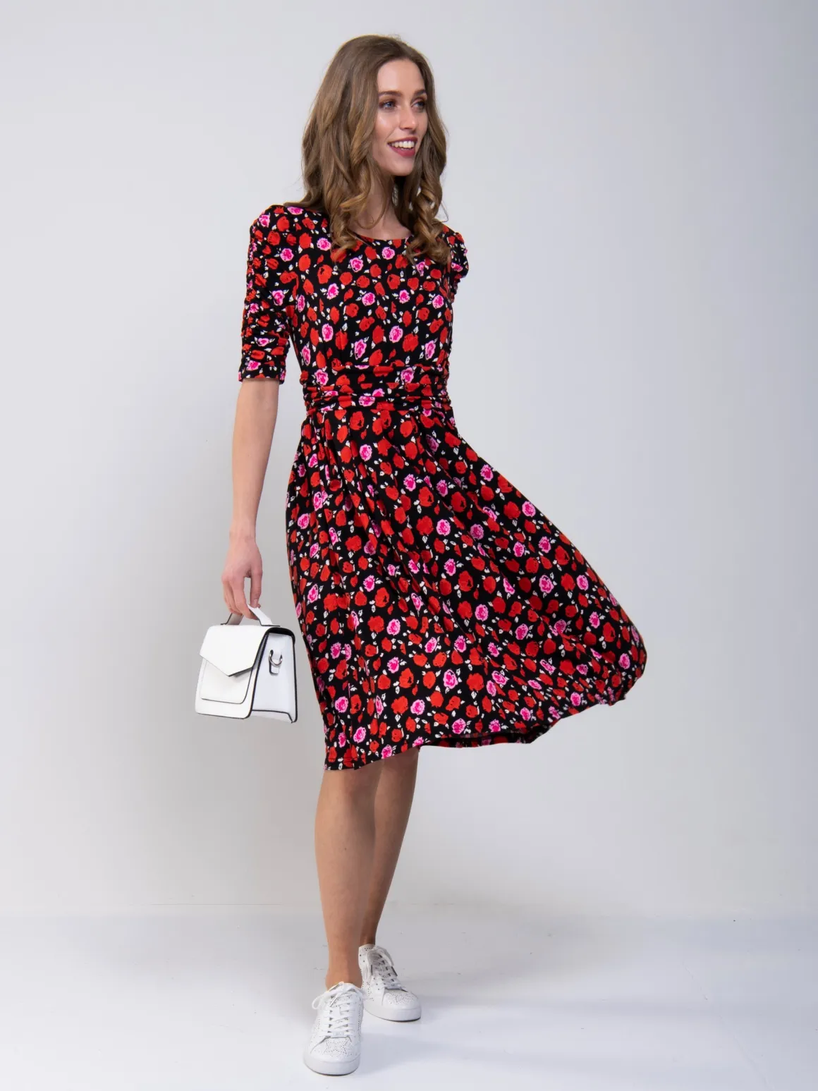 Ruched Sleeve Print Jersey Midi Dress, Red Floral