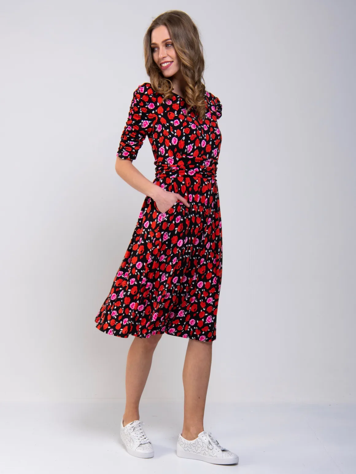 Ruched Sleeve Print Jersey Midi Dress, Red Floral