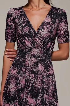 Ruched Waist Drawstring Sleeve Midi Dres, Black/Pink