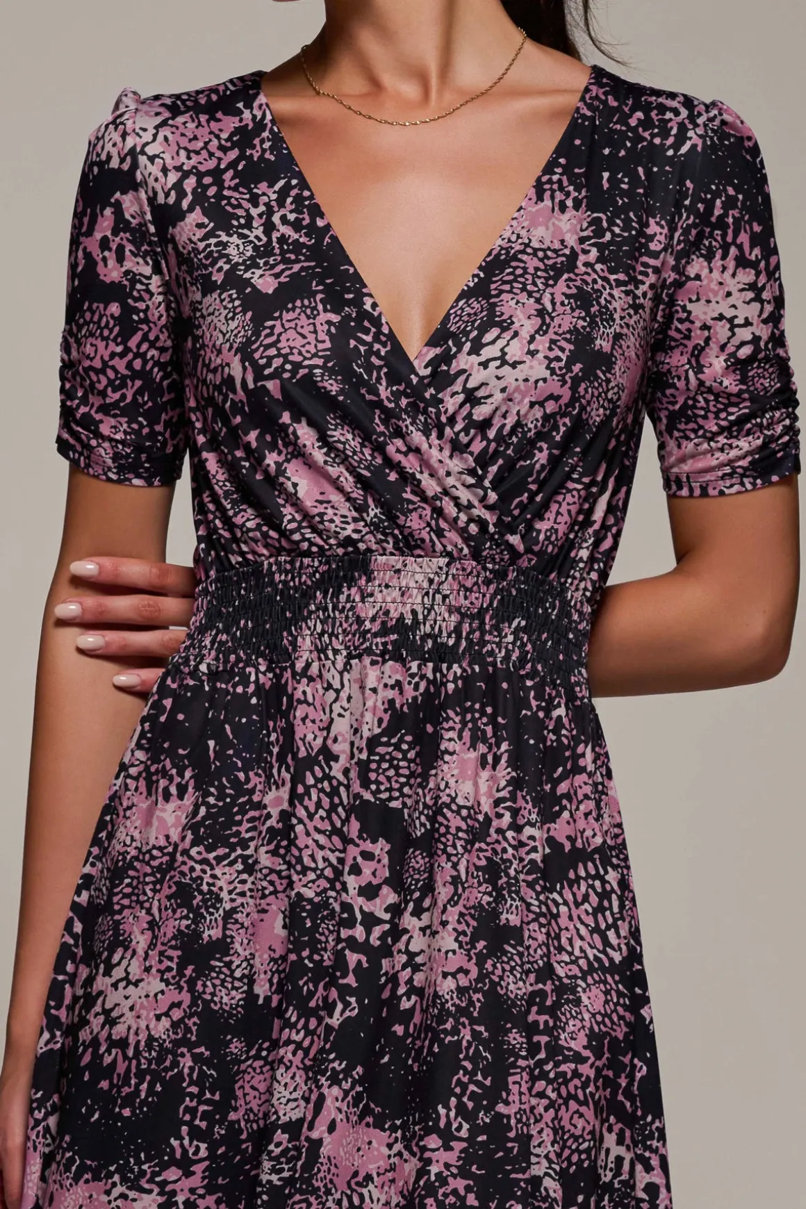 Ruched Waist Drawstring Sleeve Midi Dres, Black/Pink