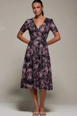 Ruched Waist Drawstring Sleeve Midi Dres, Black/Pink
