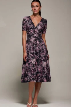 Ruched Waist Drawstring Sleeve Midi Dres, Black/Pink