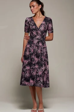Ruched Waist Drawstring Sleeve Midi Dres, Black/Pink
