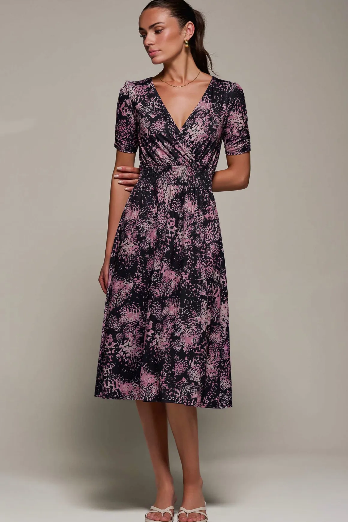Ruched Waist Drawstring Sleeve Midi Dres, Black/Pink