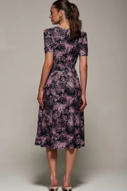 Ruched Waist Drawstring Sleeve Midi Dres, Black/Pink