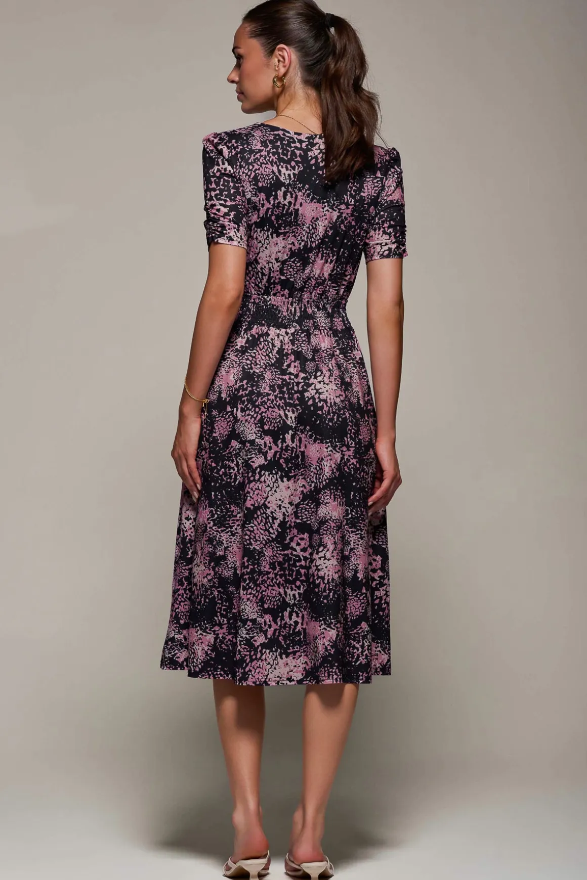 Ruched Waist Drawstring Sleeve Midi Dres, Black/Pink