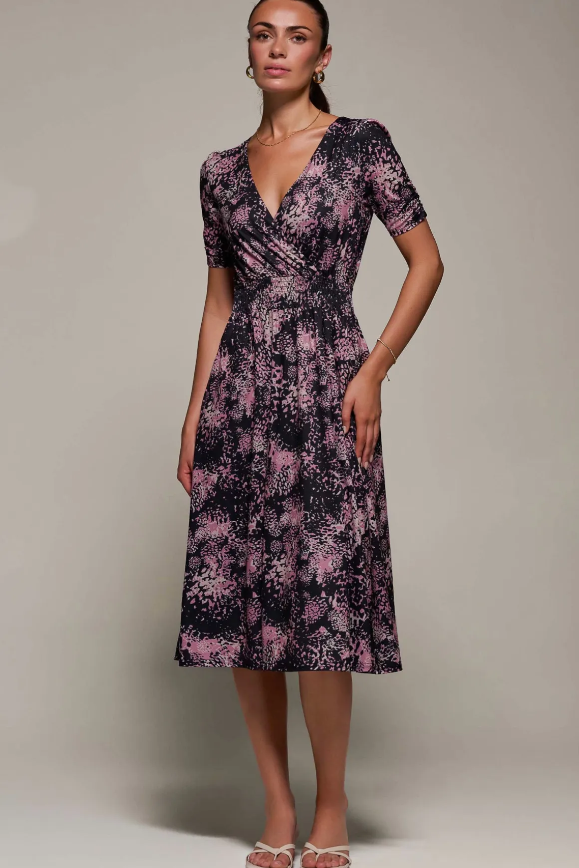 Ruched Waist Drawstring Sleeve Midi Dres, Black/Pink