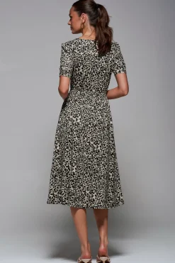 Ruched Waist Drawstring Sleeve Midi Dres, Brown Leopard