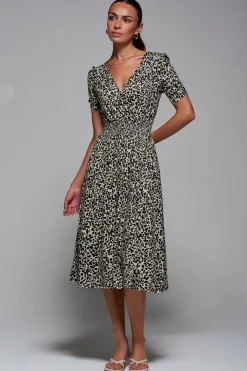 Ruched Waist Drawstring Sleeve Midi Dres, Brown Leopard