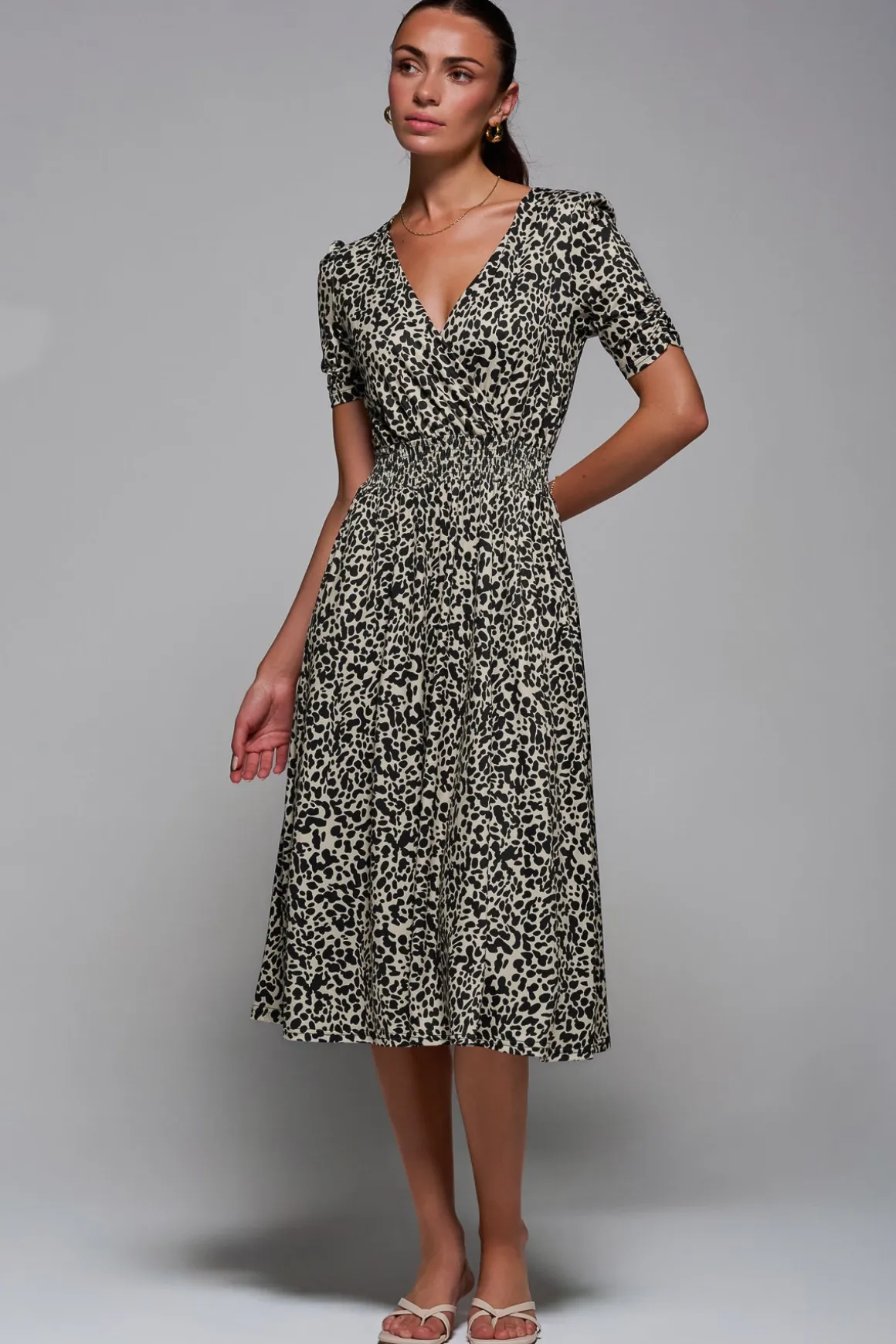 Ruched Waist Drawstring Sleeve Midi Dres, Brown Leopard