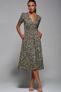 Ruched Waist Drawstring Sleeve Midi Dres, Brown Leopard