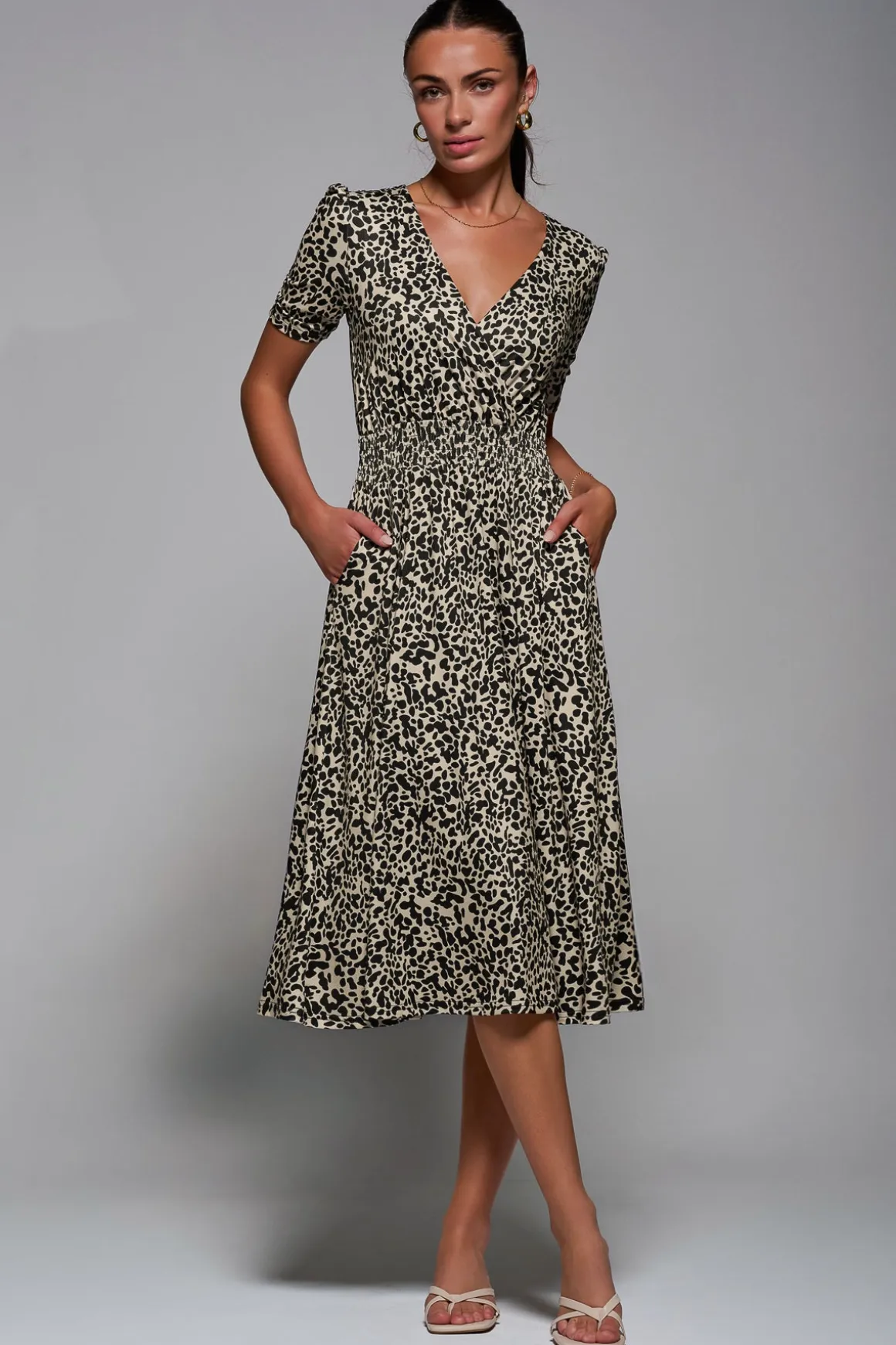 Ruched Waist Drawstring Sleeve Midi Dres, Brown Leopard