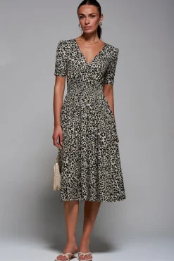 Ruched Waist Drawstring Sleeve Midi Dres, Brown Leopard