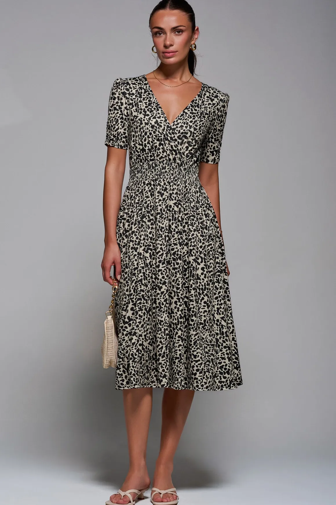 Ruched Waist Drawstring Sleeve Midi Dres, Brown Leopard