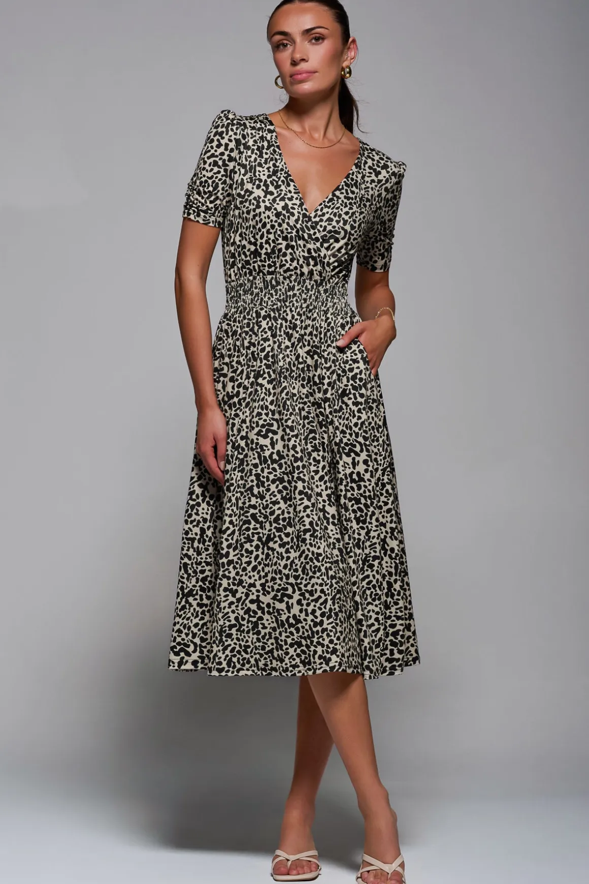 Ruched Waist Drawstring Sleeve Midi Dres, Brown Leopard