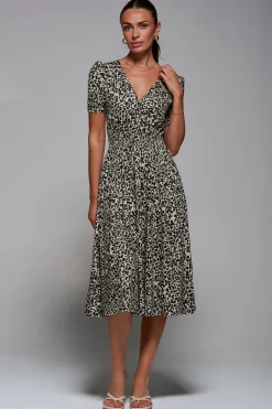 Ruched Waist Drawstring Sleeve Midi Dres, Brown Leopard