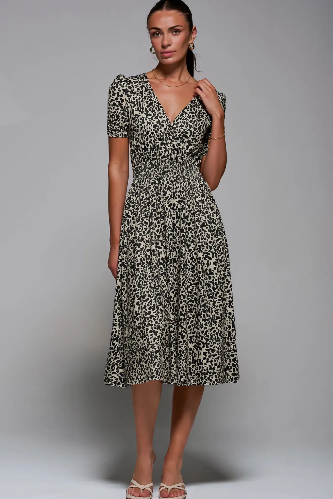 Ruched Waist Drawstring Sleeve Midi Dres, Brown Leopard