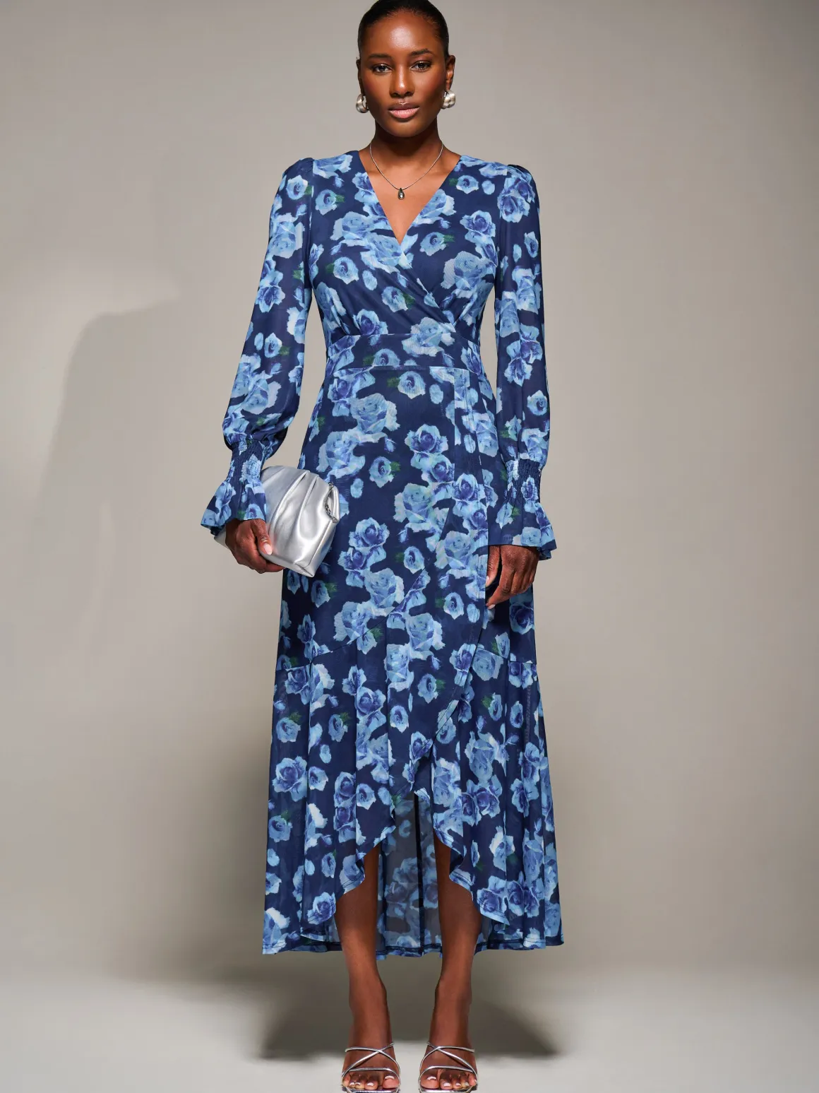 Ruffle Cuffed Sleeve Frill Mesh Maxi Dress, Blue Floral