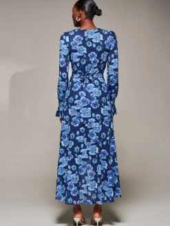 Ruffle Cuffed Sleeve Frill Mesh Maxi Dress, Blue Floral