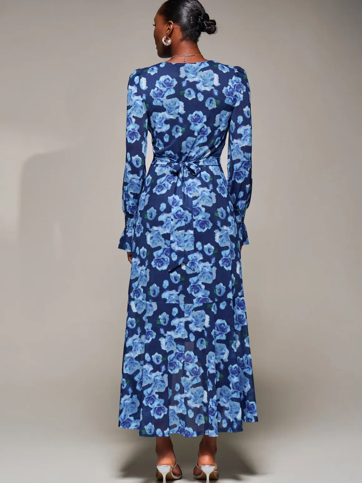 Ruffle Cuffed Sleeve Frill Mesh Maxi Dress, Blue Floral