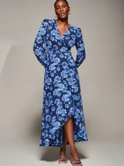 Ruffle Cuffed Sleeve Frill Mesh Maxi Dress, Blue Floral