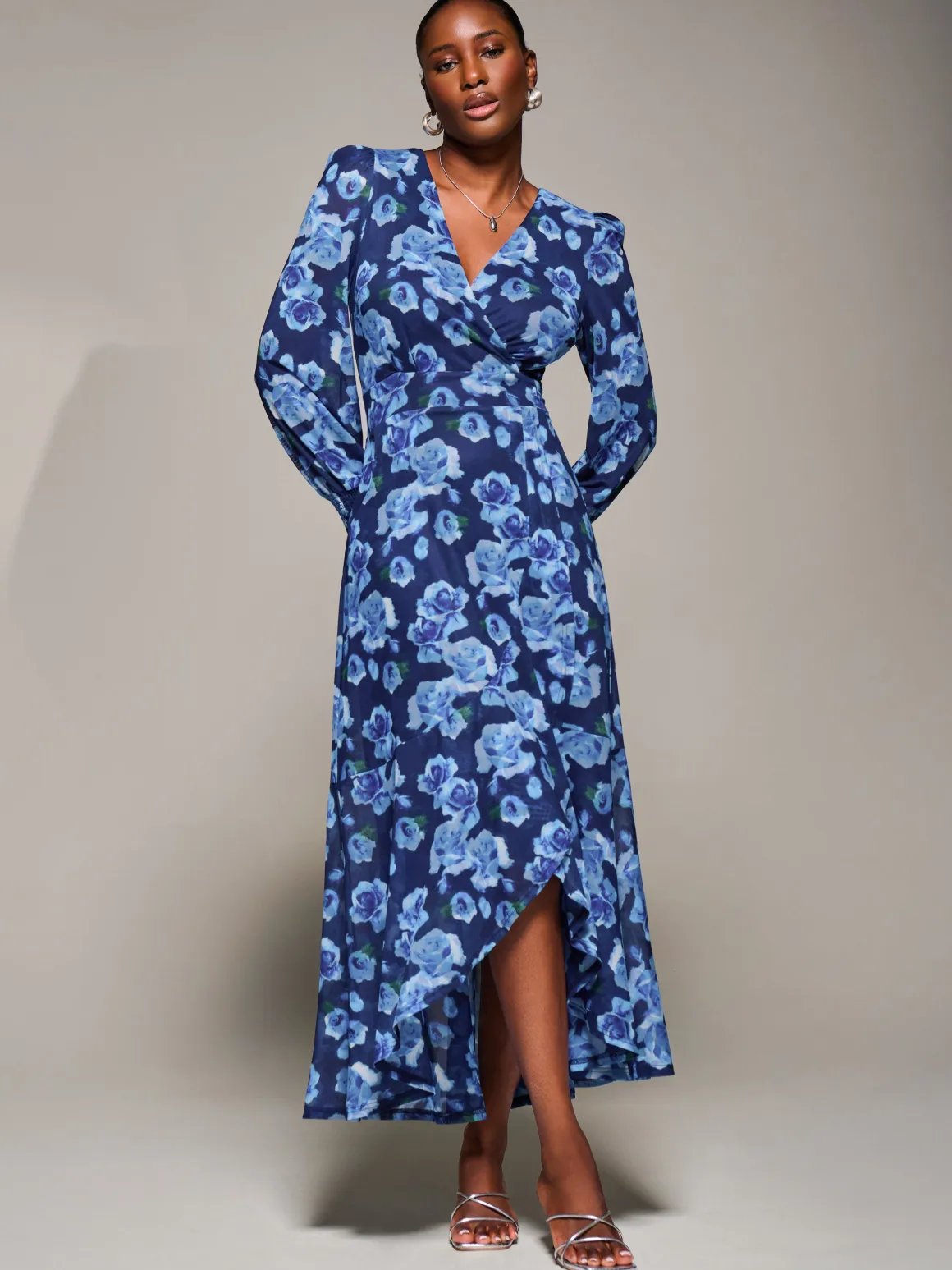 Ruffle Cuffed Sleeve Frill Mesh Maxi Dress, Blue Floral