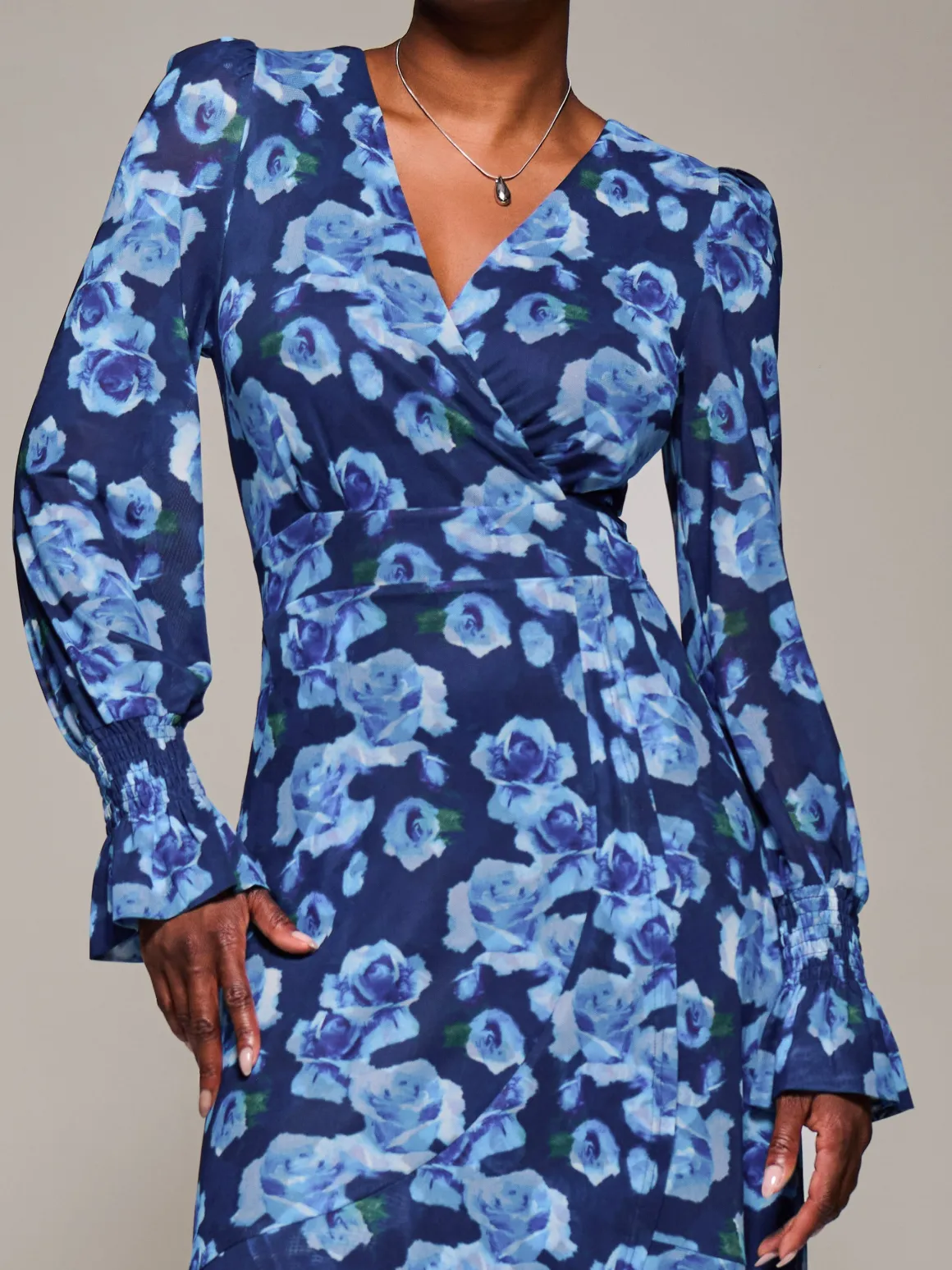 Ruffle Cuffed Sleeve Frill Mesh Maxi Dress, Blue Floral