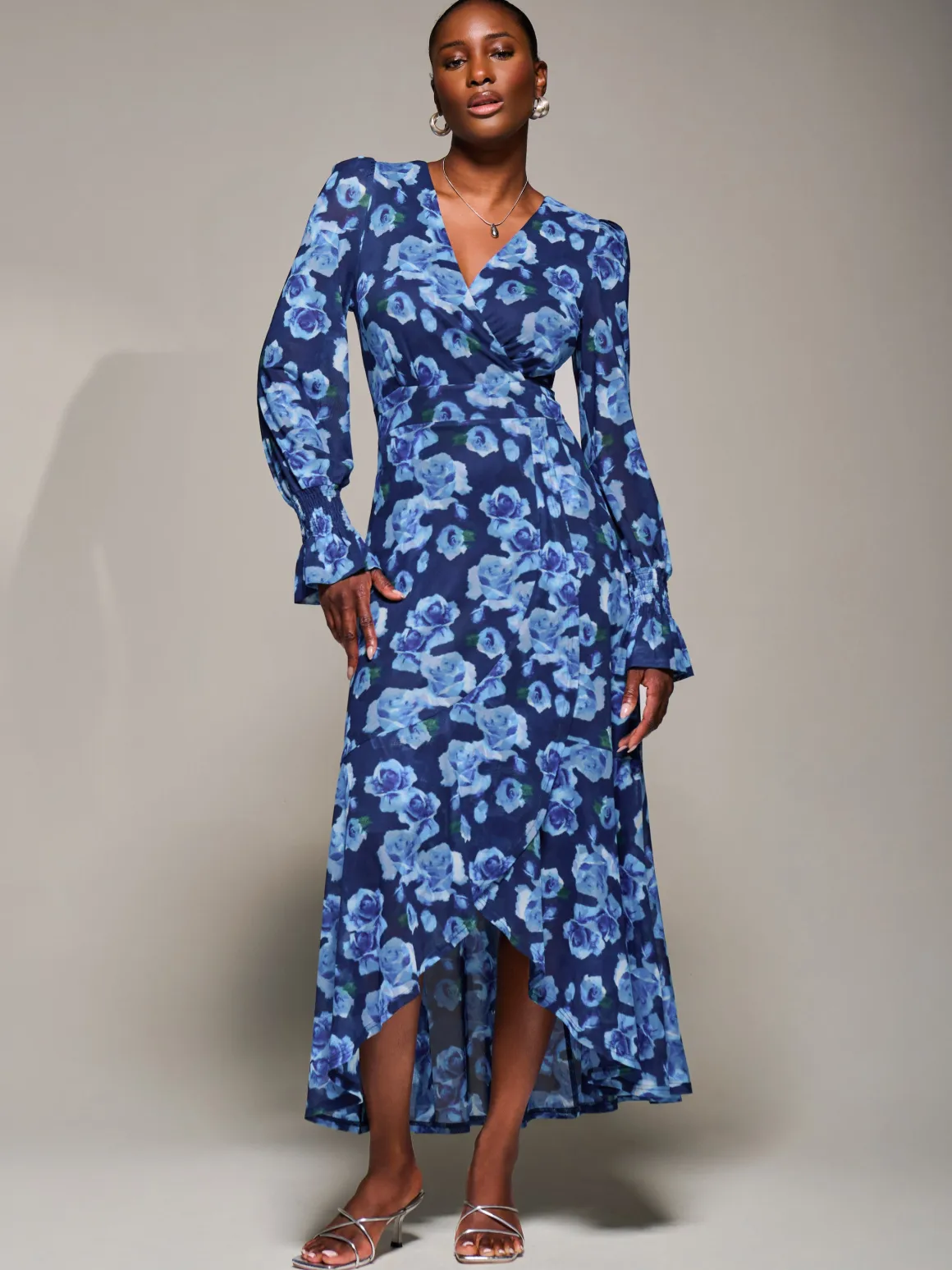 Ruffle Cuffed Sleeve Frill Mesh Maxi Dress, Blue Floral