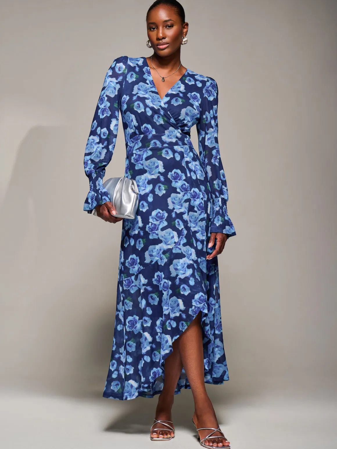 Ruffle Cuffed Sleeve Frill Mesh Maxi Dress, Blue Floral