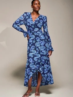 Ruffle Cuffed Sleeve Frill Mesh Maxi Dress, Blue Floral
