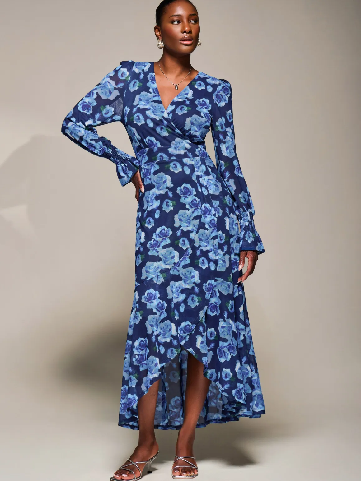 Ruffle Cuffed Sleeve Frill Mesh Maxi Dress, Blue Floral