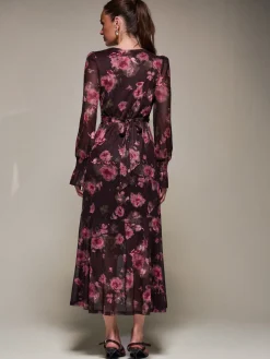 Ruffle Cuffed Sleeve Frill Mesh Maxi Dress, Burgundy Floral