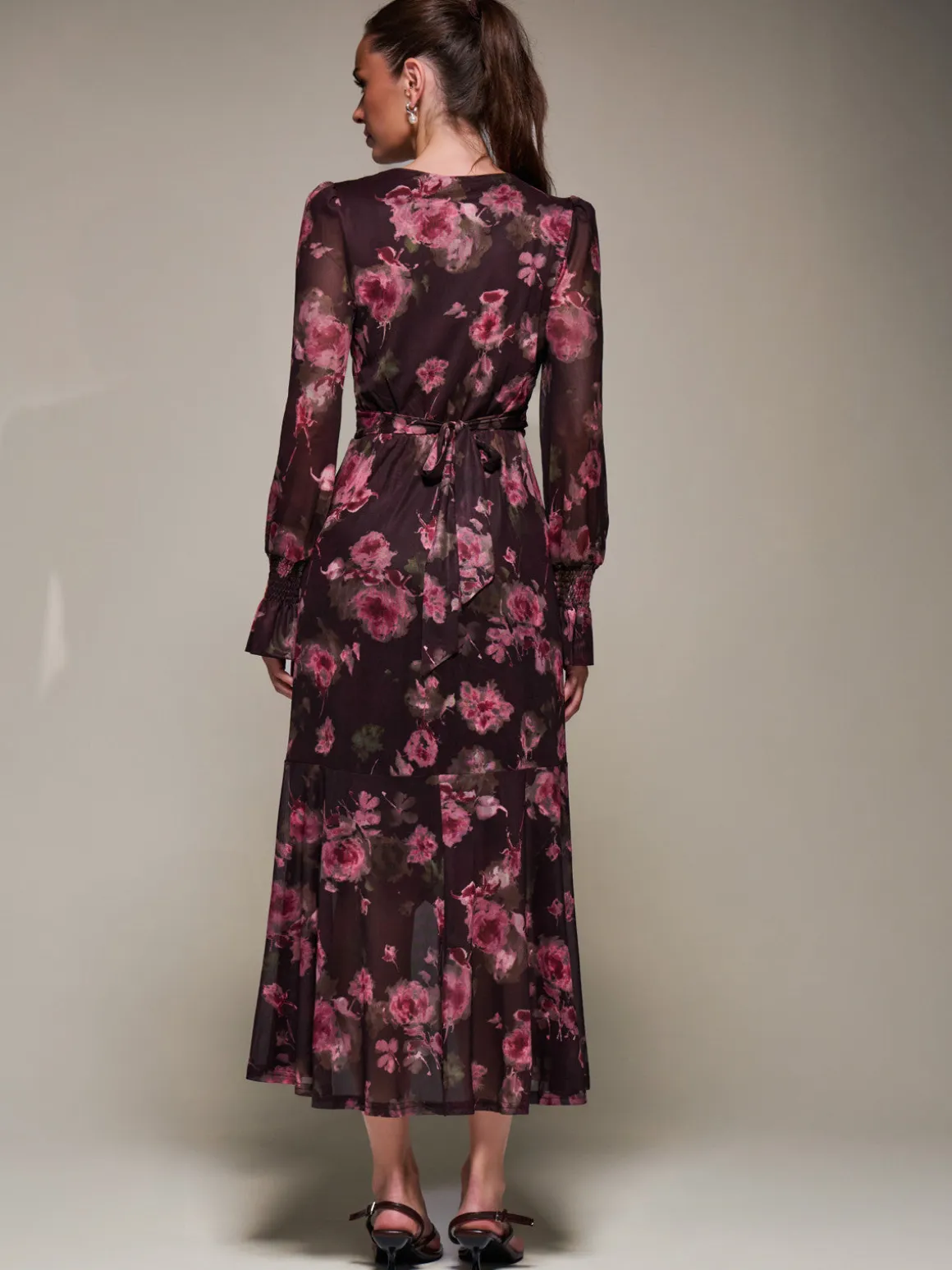 Ruffle Cuffed Sleeve Frill Mesh Maxi Dress, Burgundy Floral